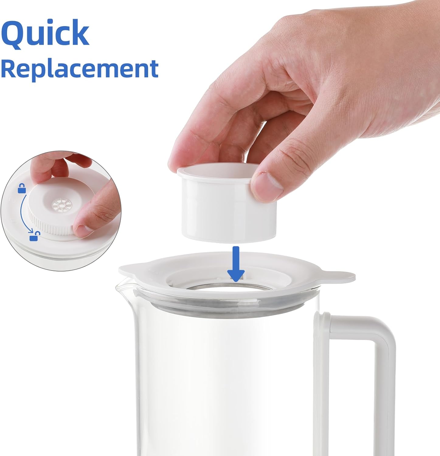 A hand inserting a white replacement filter into the top of a water pitcher, with an inset showing a filter replacement indicator dial.