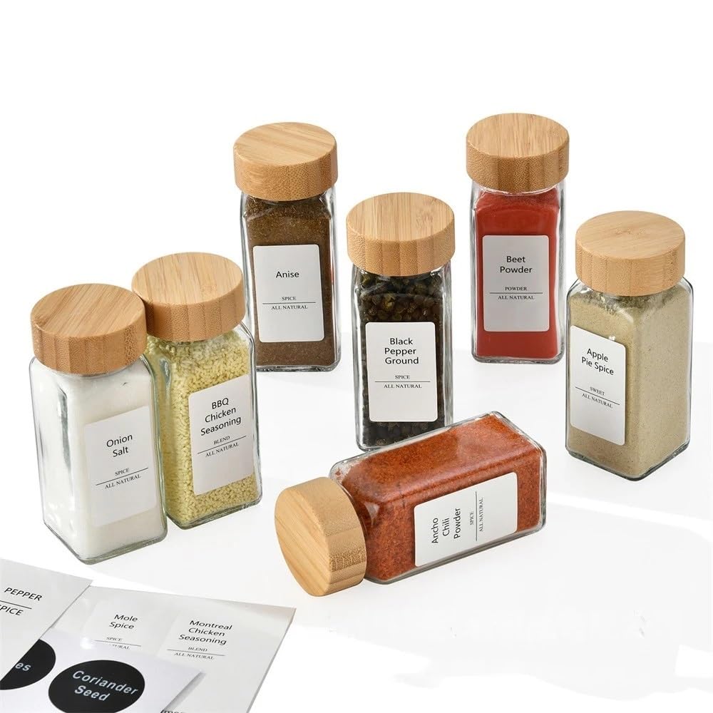 3 tarros de especias de vidrio con cubierta de madera, cuadrados, transparentes, para almacenamiento de condimentos, cocina, sal, especias, pimienta molida, herramientas de sellado (6 onzas)