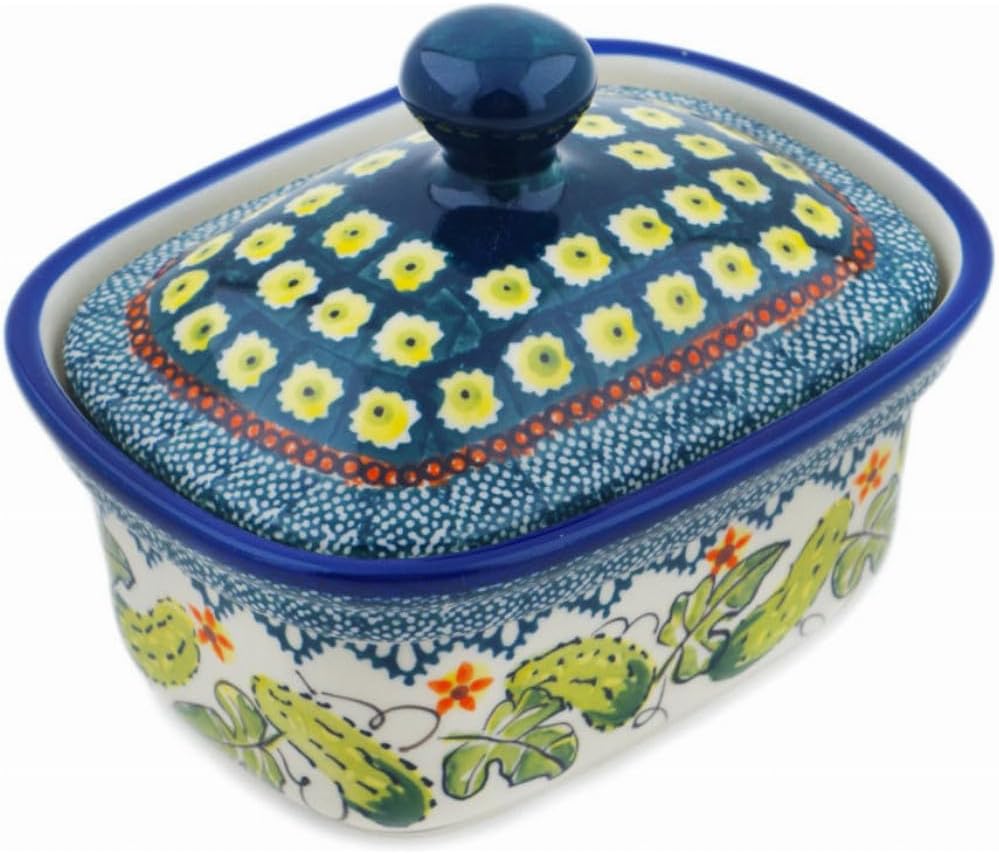 Polmedia Polish Pottery Butter box - Cucumber Patch Pattern Handmade in Boleslawiec Poland + Certificate of Authenticity