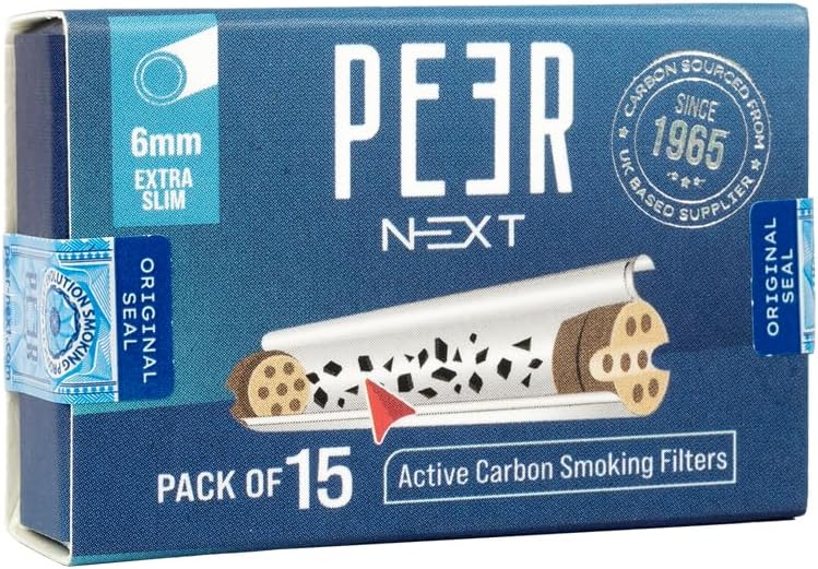 PEER Next Activated Charcoal Smoking Filter Tips | Pack of 15 | 6mm | Premium active carbon filters made with eco-friendly Coconut charcoal | Smoother drags than roaches | Export-quality