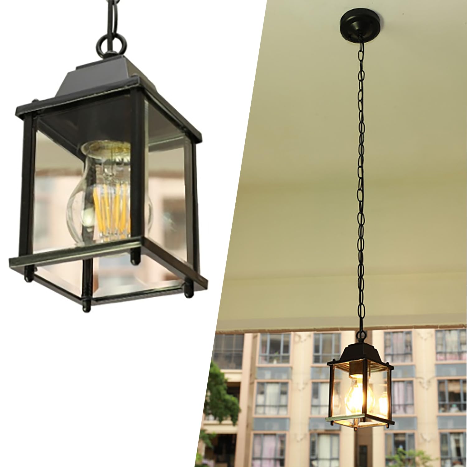 XINYASEE Lámpara colgante de exterior,Lámpara de Techo Exterior,Lámpara colgante sencilla de un cabezal de aluminio fundido,Farol Colgante de Techo Exterior,color negro, portalámpara E27 (A)