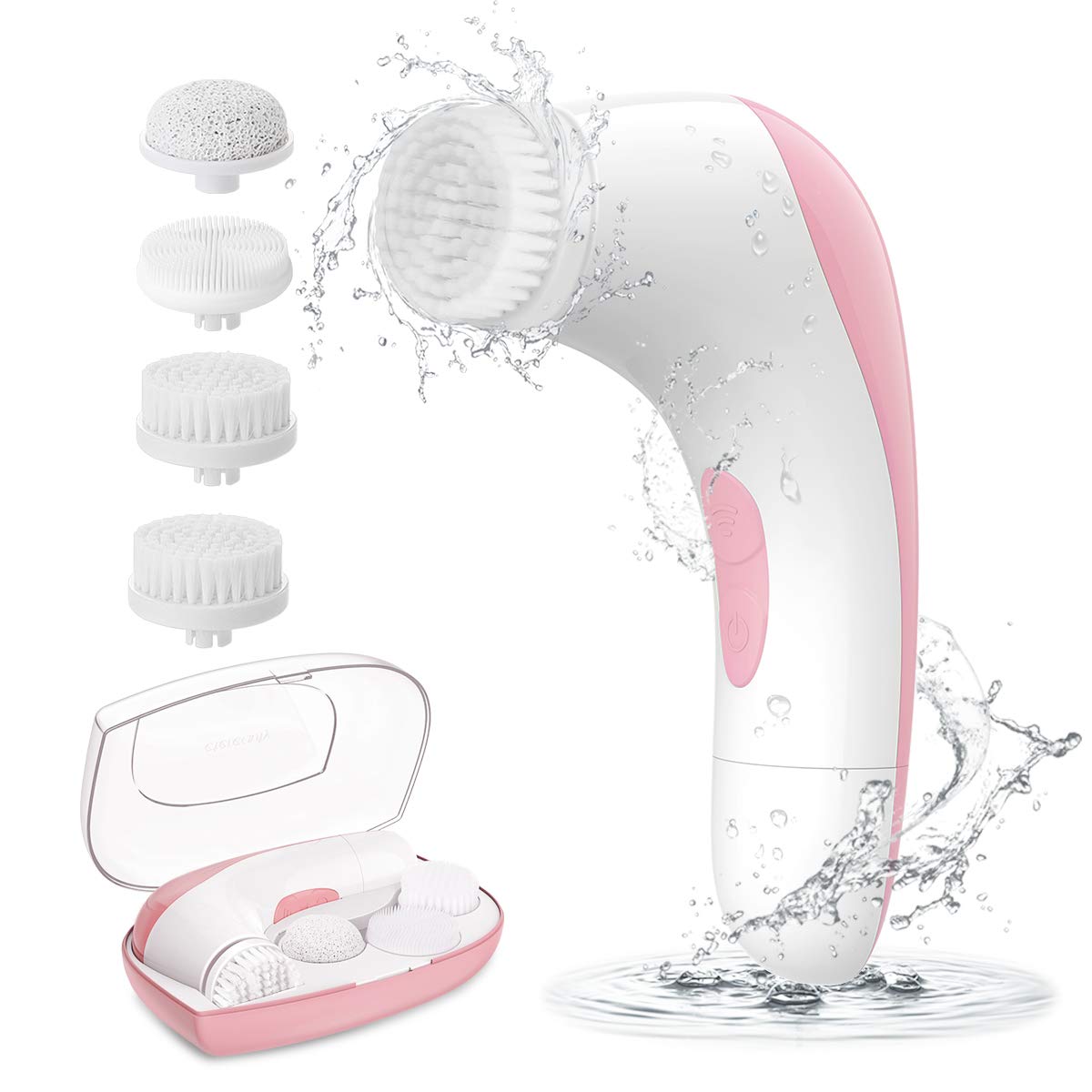 【2020 Upgraded】ETEREAUTY Facial Cleansing Brush, Waterproof Face Brush with 4 Brush Heads and a Protective Travel Case - Deep Cleansing, Gentle Exfoliating for Face and Body, Light Pink