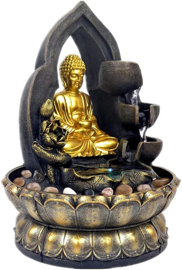 11.8" Buddha Tabletop Fountain with LED Light, Indoor Relaxation Meditation Zen Decoration with Natural River Rocks, Water Fountain Decoration for Home, Office, Bedroom (Gold)