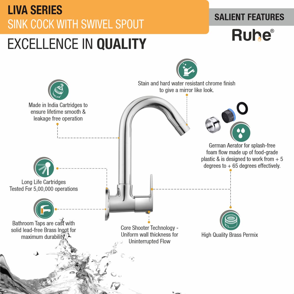 Ruhe Chrome Sink Cock - Flexible Swivel Faucet -3 Ruhe Chrome Sink Cock - Flexible Swivel Faucet -3