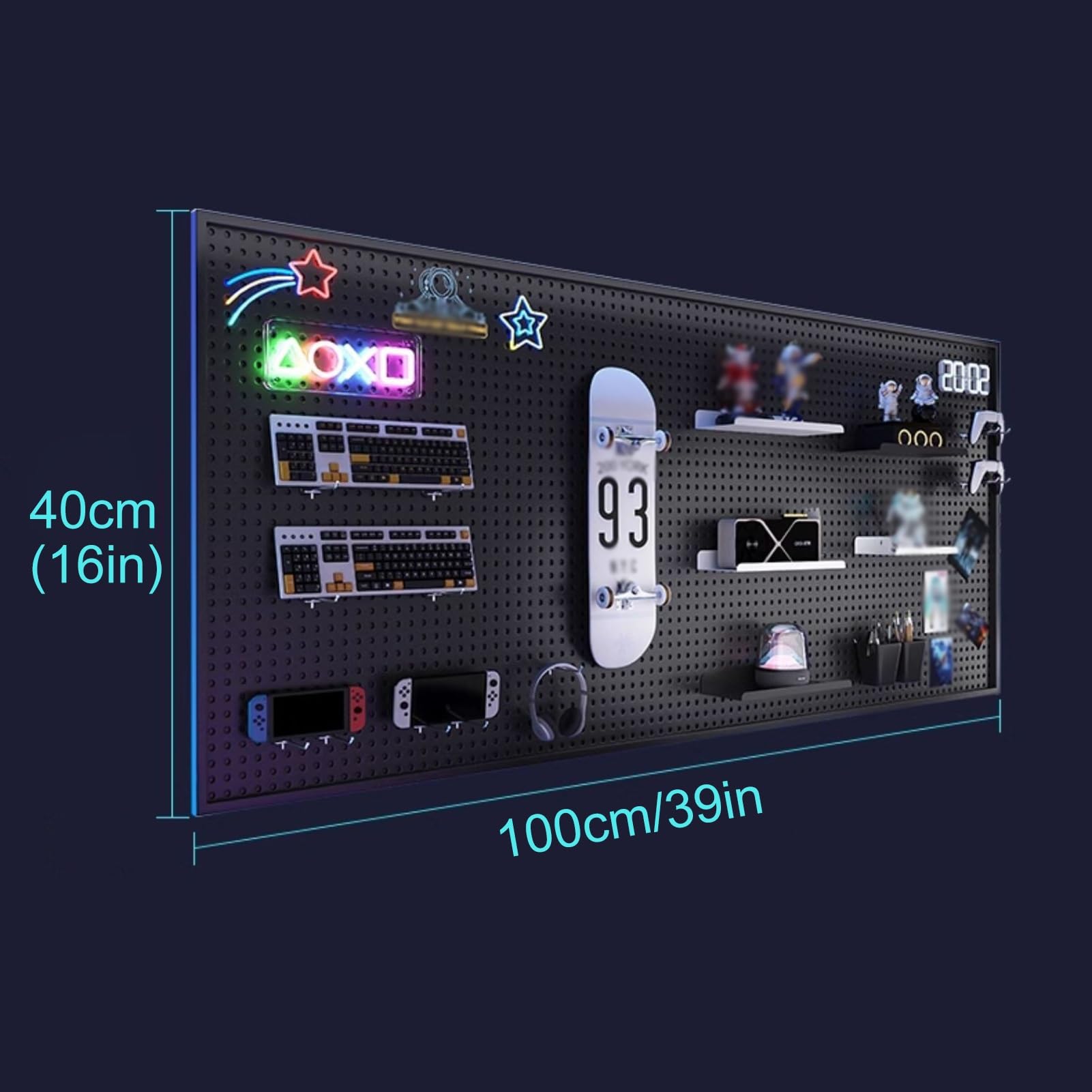 Lochplatte Schreibtisch mit 20 Stück Haken Lochwand Pegboard Büro Werkzeugwand Metall Werkzeug Wandhalterung Stecktafel Wand Organizer(100x40cm/39x16in)