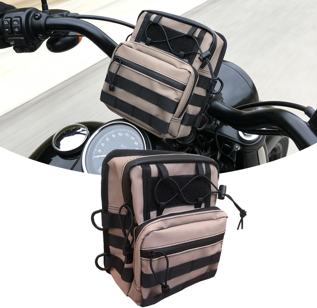 Motorcycle Handlebar Bag For Harley Dyna Street Bob FXBB Softail Sportster – khaki Color Sissy Bar Bicycle Handlebar Bag with Front Utility Molle Pouch for Motorcycle Travelling