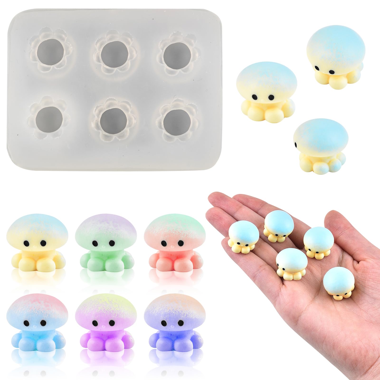 Cute Tiny Jellyfish Resin Silicone Mold Micro Dollhouse Marine Animal Epoxy Casting Mold for DIY Resin Art Fairy Garden Miniatures Landscape Crafts Decor(6-Cavity)