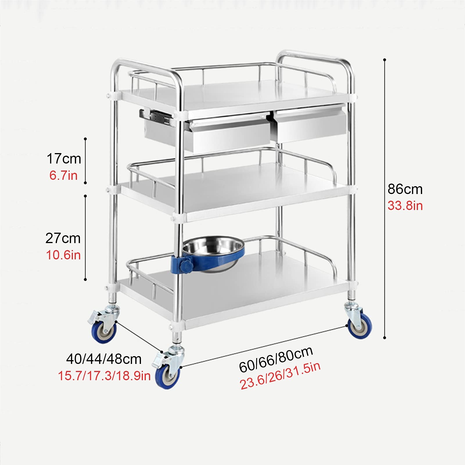 Carrello di servizio in acciaio inossidabile, carrello di servizio con rotelle staccabile con cassetto, carrello di servizio con 3 ripiani e ruote bloccabili, B-80*48,B-80*48*86Cm(31.5*18.9*33.8In)
