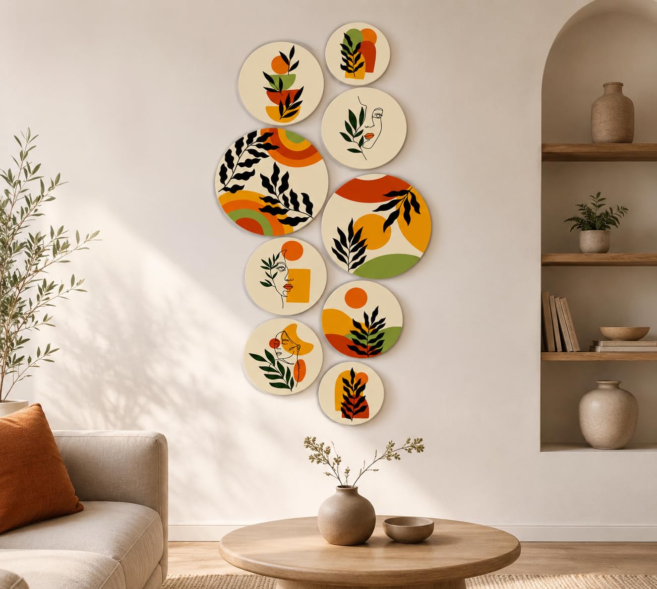 AxuraVist Abstract Round Shape MDF Wooden Wall Decor Set of 9 | Modern Wall Art for Living Room | Botanical Paintings for Wall | Self-Adhesive Home Decoration | Unique Gift Item-image-29