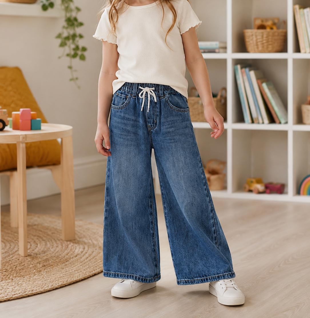 KIDSCOOL SPACE Pantalones de mezclilla de pierna ancha para niñas, 5-14T, cintura elástica suelta con cuerda acampanada