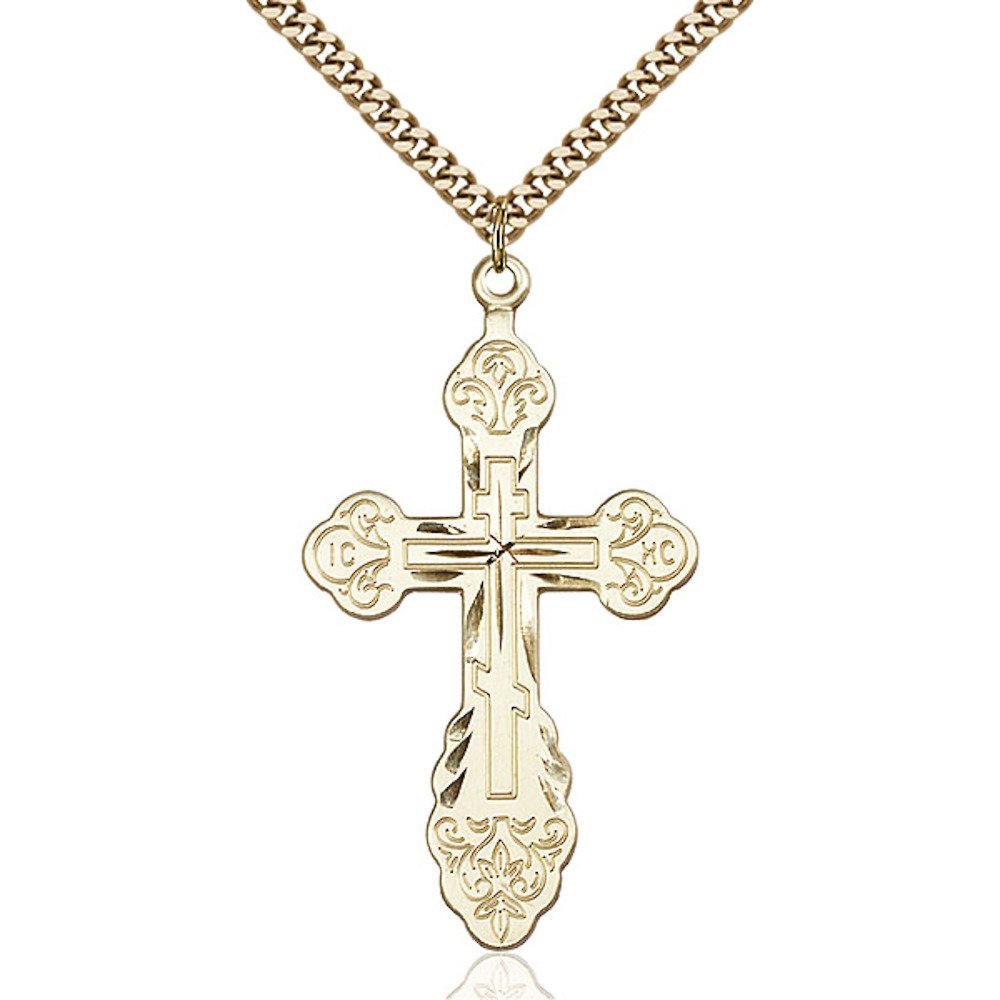 Bonyak Jewelry Saint Medal Collection Gold Filled Cross Pendant 1 7/8 x 1 inches with Heavy Curb Chain