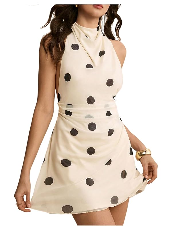 Floerns Women's Elegant Polka Dots Halter Mini Dress Ruched Tie Open Back Sleeveless Party Dresses Apricot Medium by Floerns - Used condition - US$34.77
