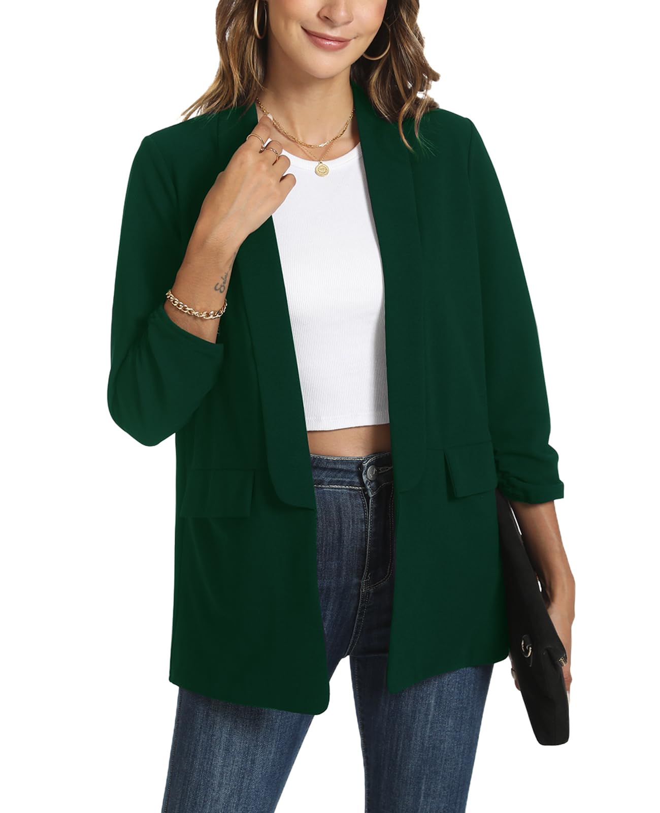 Giacche da donna casual increspate con maniche a 3/4, aperte sul davanti, per lavoro, ufficio, giacche con tasche