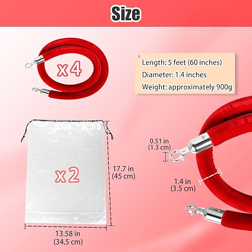 Miniatura 2 de Hokimder - 4 cuerdas de terciopelo rojo, cuerdas de terciopelo de 5 pies con ganchos plateados pulidos, cuerdas de barrera de control de multitudes