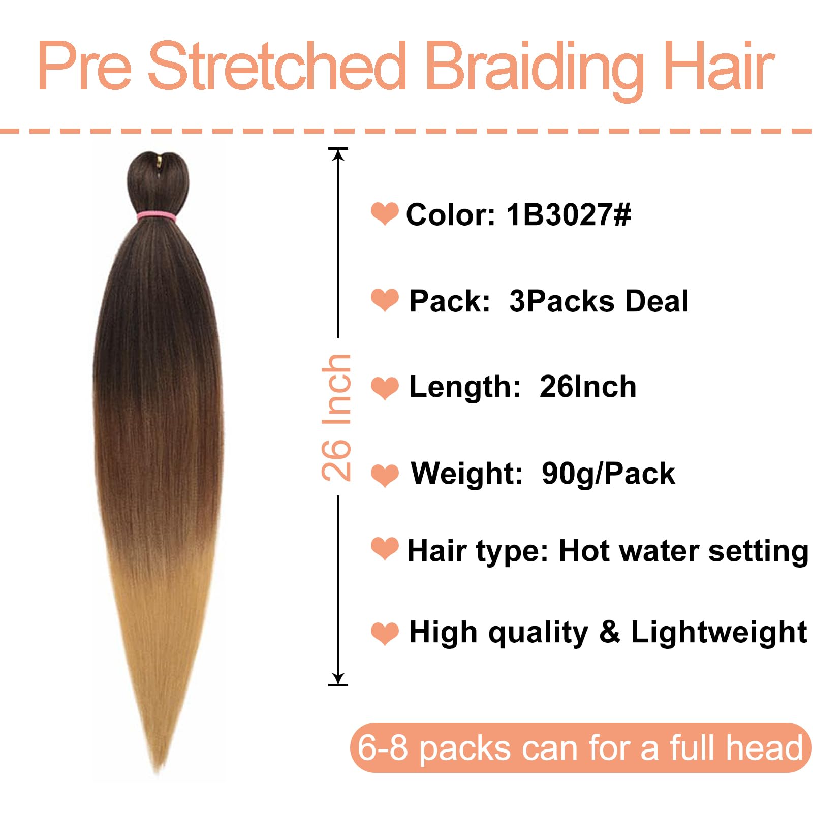Mscat 26 Inch 3 Packs Pre Stretched Braiding Hair Three Tones Pre Stretched Braiding Professional Synthetic Prestretched Crochet Braids Hair Extension Hot Water Setting Yaki Texture (1B3027#) - Image 2
