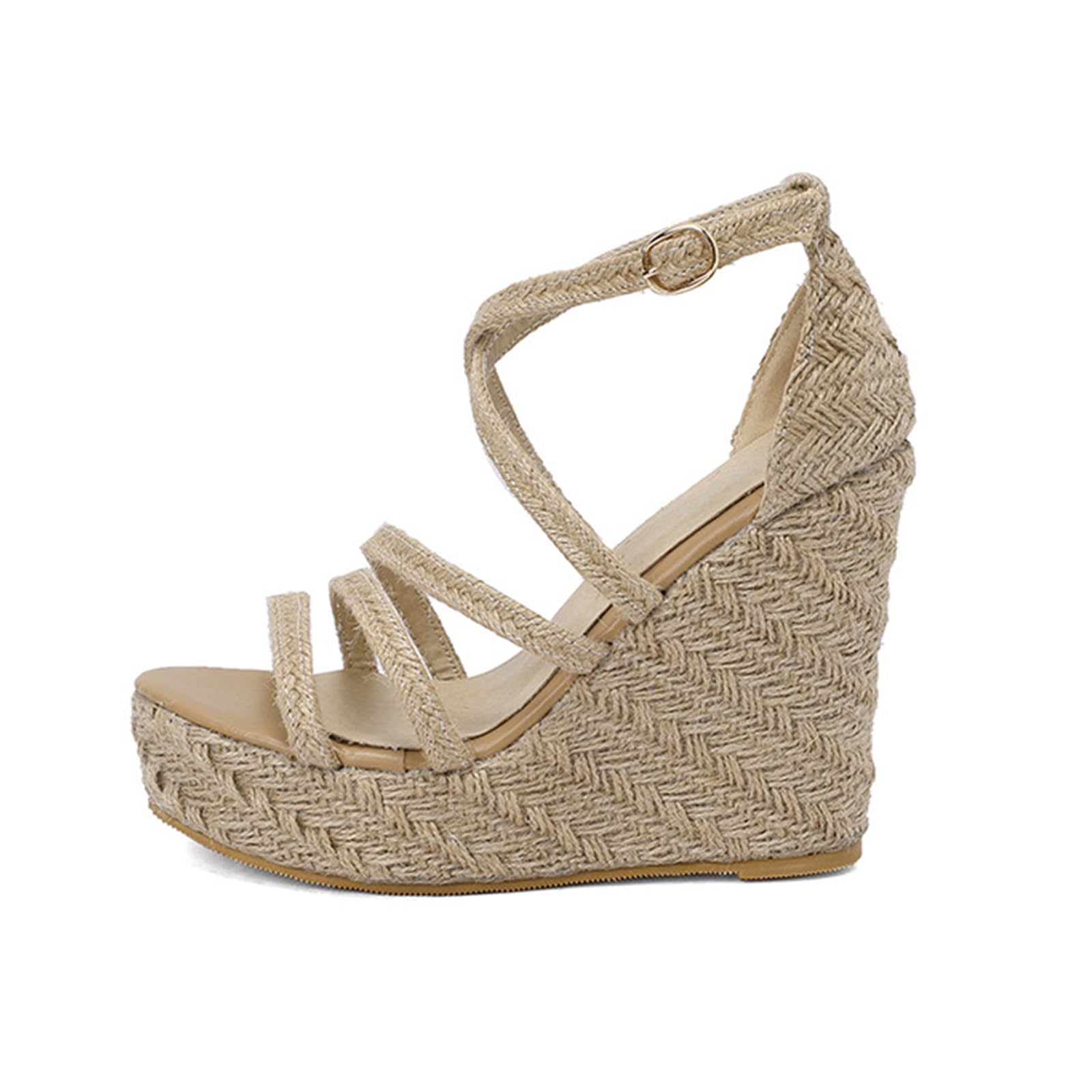 Sandalias de Esparto de Cuña Retro Mujer Plataforma de Lino Trenzado con Hebilla de Tobillo Tacones Altos Tiras Tacones de Verano para Fiestas en el Jardín