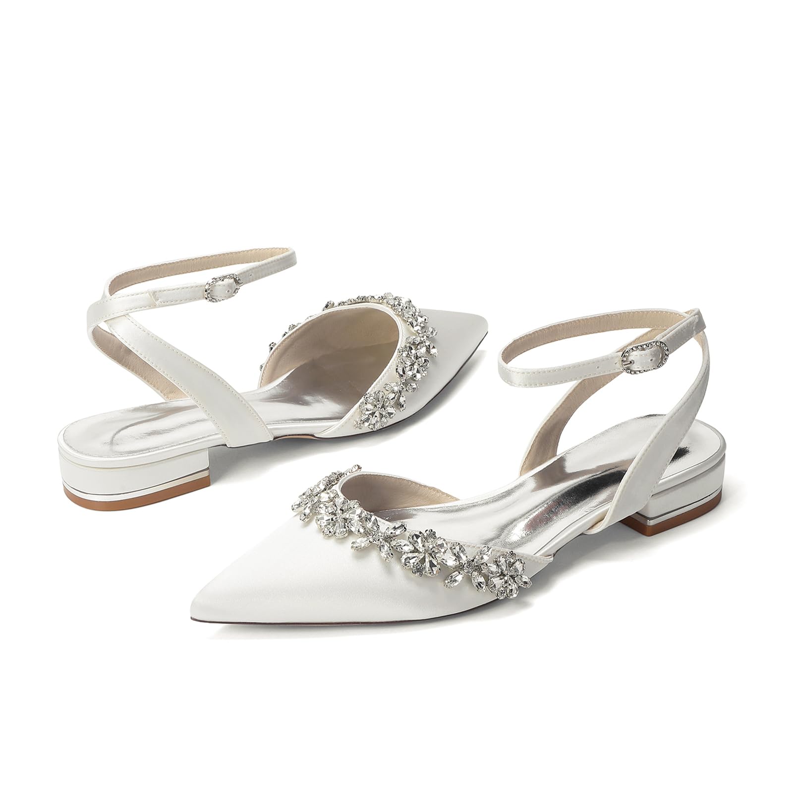 Scarpe da Sposa Basse Slingback in Raso a Punta con Strass - Eleganti Ballerine con Tallone Scoperto per Cerimonia e Invitata Matrimonio
