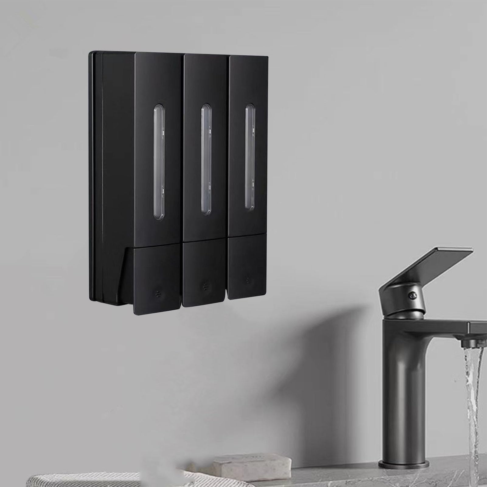 Srliya Dispenser per Balsamo Shampoo a Parete Dispenser di Sapone per Doccia a 3 Camere da 1200 Ml per Hotel Bathroorm (Nera)