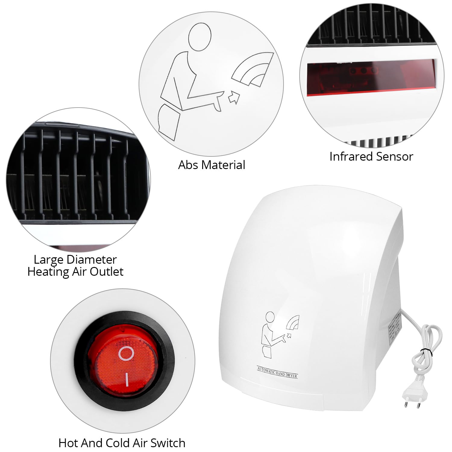 QWORK® Secador de Manos eléctrico automático, secador de Manos para Montaje en Pared, 1800W, Aire frío y Caliente Regulable, Blanco