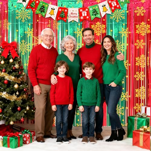 Image of 2 Packs Christmas Foil Fringe Curtain, Glitter Red Green Snowflake Metallic Tinsel Backdrop for Xmas Friendsmas Santa Claus Ugly Sweater New Years Eve Party Decoration Supplies