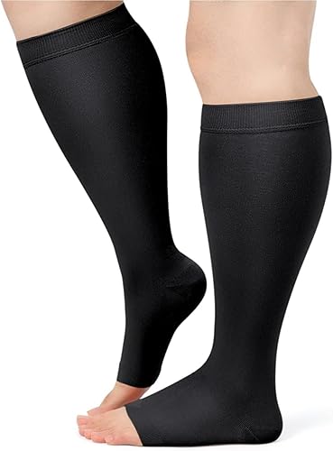 Miniatura 6 de AKSO MEDICOS Calcetines de compresión de talla grande (S-7XL) 20-30 mmHg pantorrilla ancha con punta abierta, medias de compresión para mejorar la