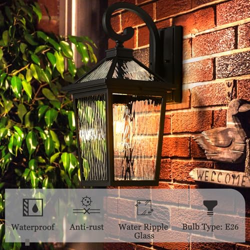 Image of zeyu 18-Inch Outdoor Wall Lantern, Black Water Ripple Glass, ZX58MB-SW BK