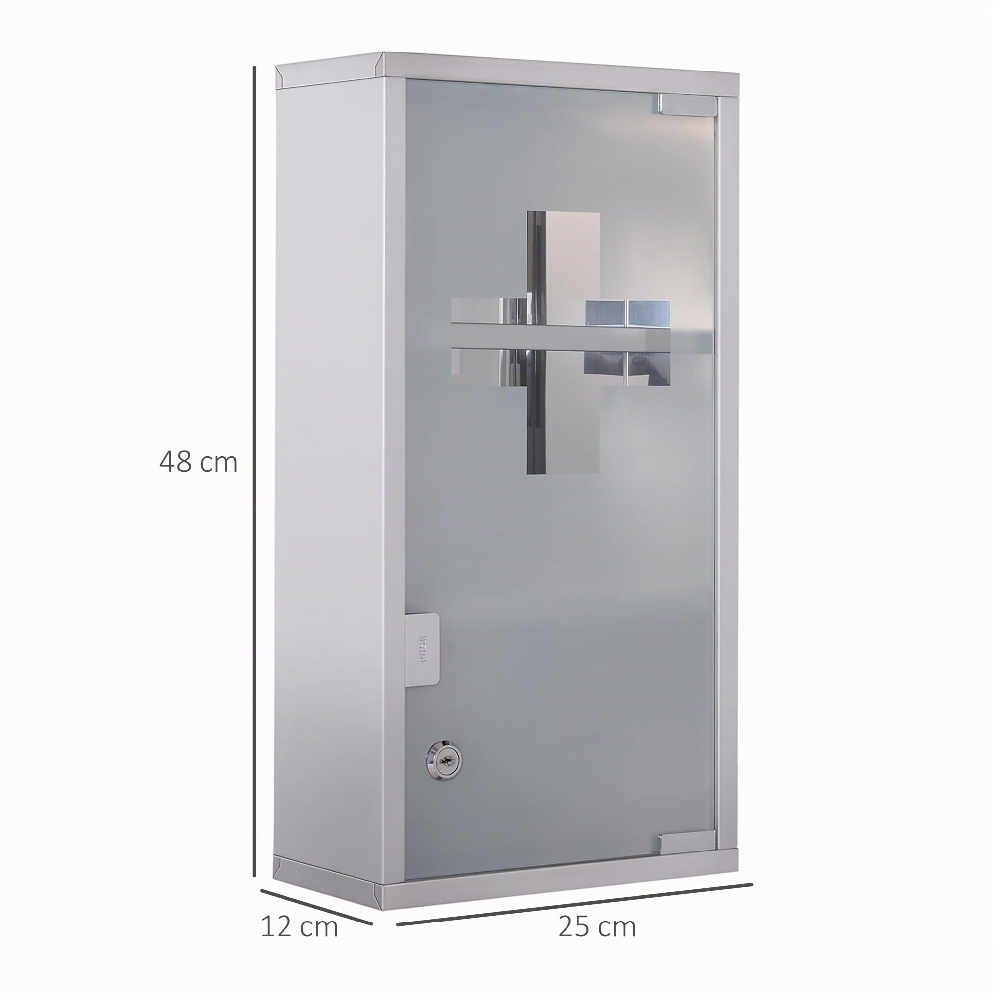 HOMCOM Armoire à Pharmacie 2 étagères 3 Niveaux verrouillable Porte Verre trempé dépoli Logo Croix 25L x 12l x 48H cm Acier INOX