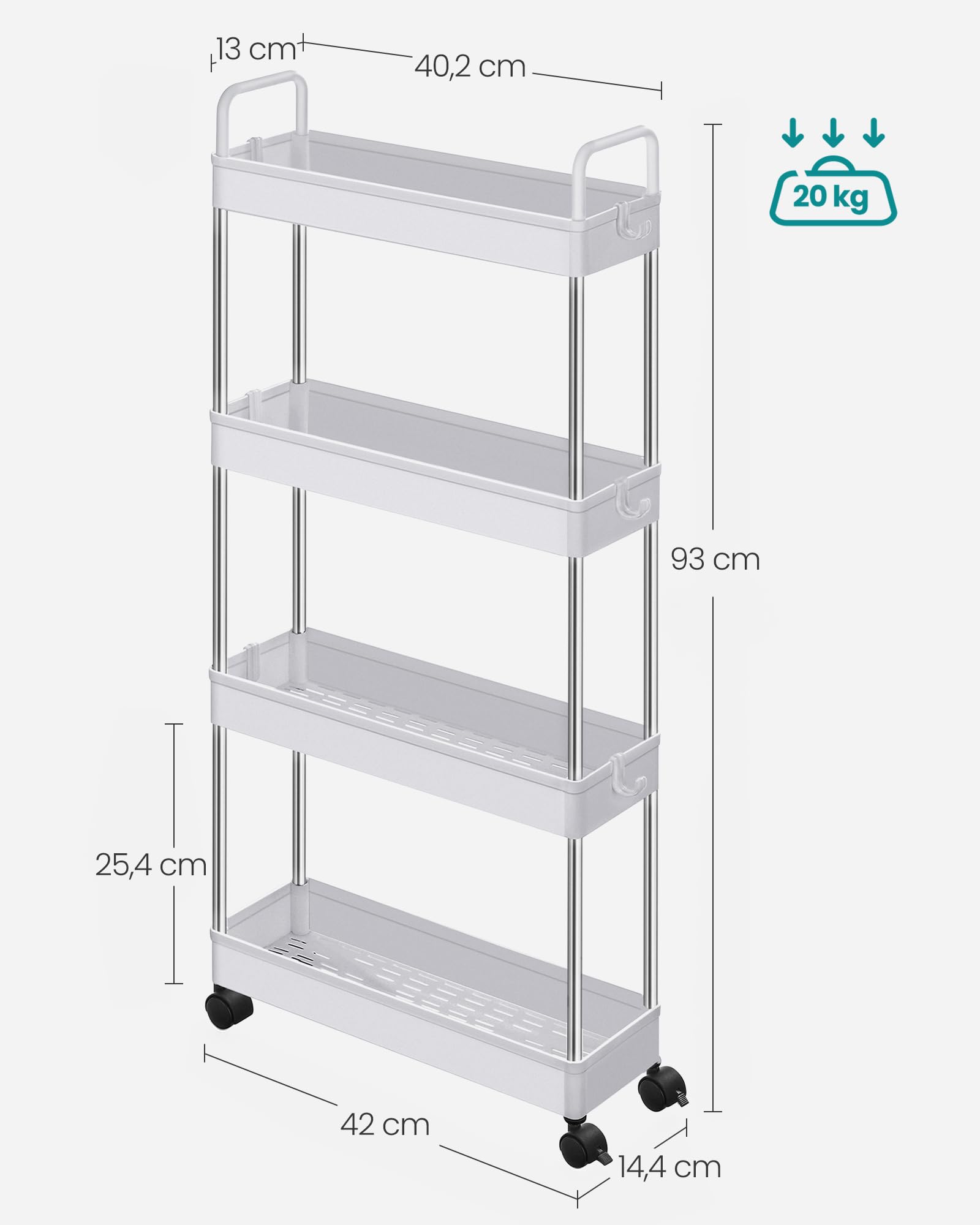 SONGMICS KSC018W01 - Carrello da cucina con ruote, 40 x 13,5 x 93 cm, colore: Bianco