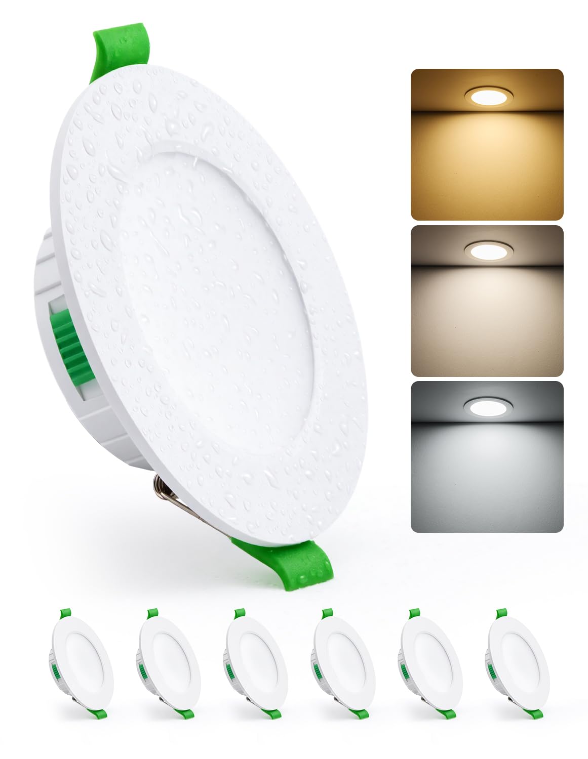 HOMEOW Spots de Plafond Extra Plat 5W, Trou 68mm - 80mm Spot LED Encastrable Salle de Bain, Blanc Chaud 2700K Neutre 4000K Froid 6000K Reglable, IP44 Etanche, Lot de 6