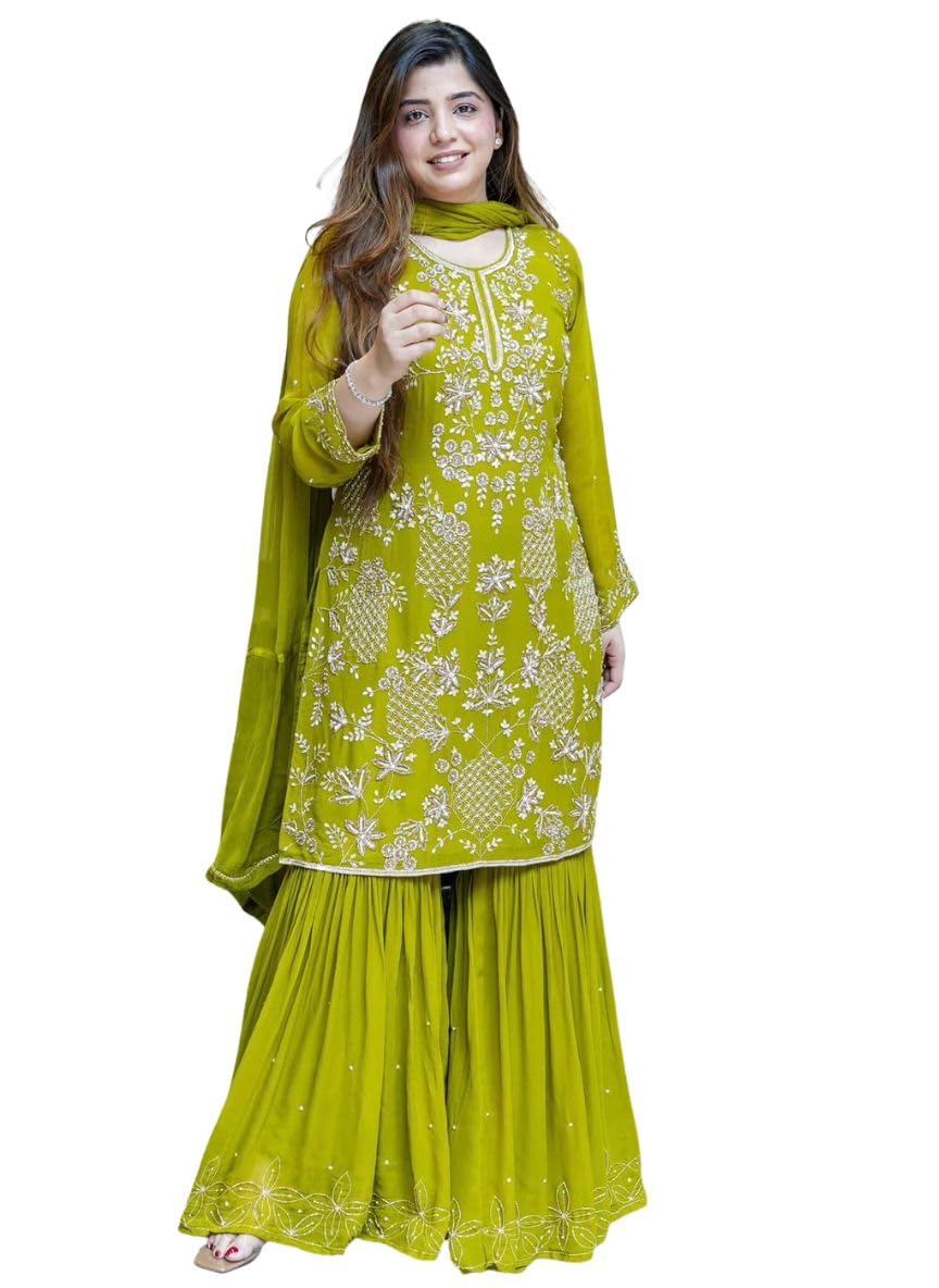 Women’s Wear Faux Georgette Embroidered Top Sharara Palazzo Set with Dupatta | Fully Stitched Ethnic Suit-image-35