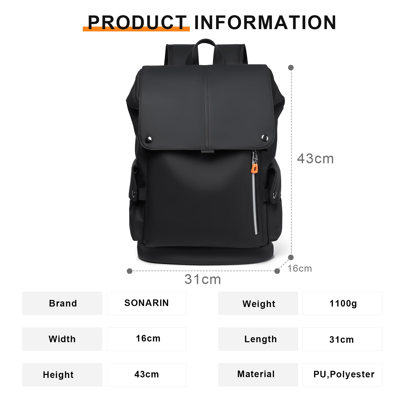 SONARIN Zaino Porta PC Uomo,Zaino Lavoro Impermeabile Zainetti per Laptop 15,6 Pollici Zaino da Viaggio Borsa Casual con Porta USB per Uomo Donna Università Ufficio(Nero)