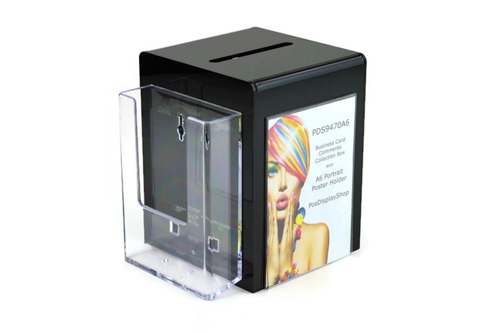 Pos Display Shop Small Black Acrylic Suggestion Feedback Comments Collection Box with A6 Portrait Poster Holder + Leaflet Holder PDS9470A6 (Black)