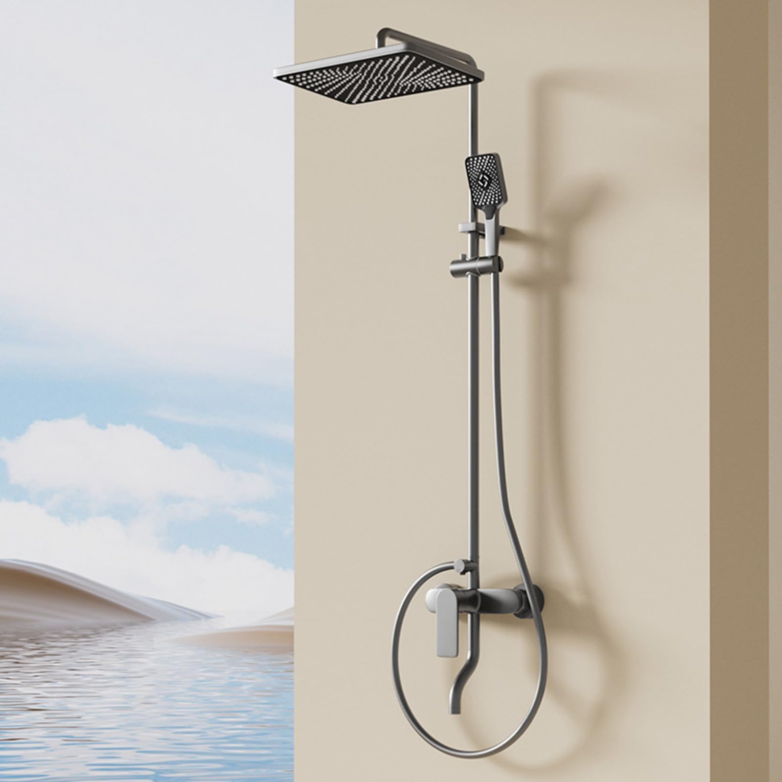 Mitigeur de douche mural gris incluant un flexible de 150 cm et une douchette 3 modes de bain
