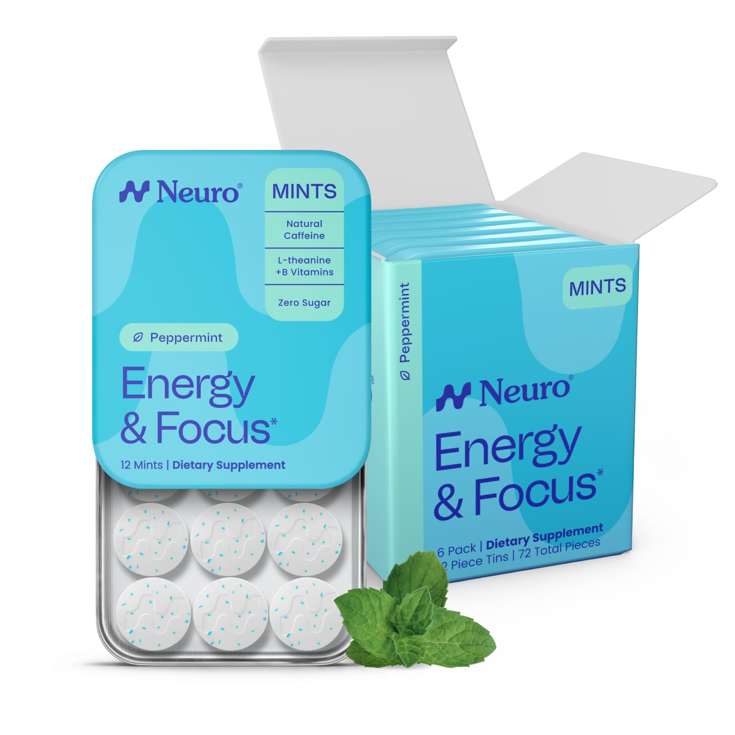 Neuro Energy & Focus Mints - Sugar Free Breath Mints with 40mg Natural Caffeine, B Vitamins & L-Theanine - Vegan Brain Supplement for Exercise, Study & Daily Focus - Peppermint, 72 ct