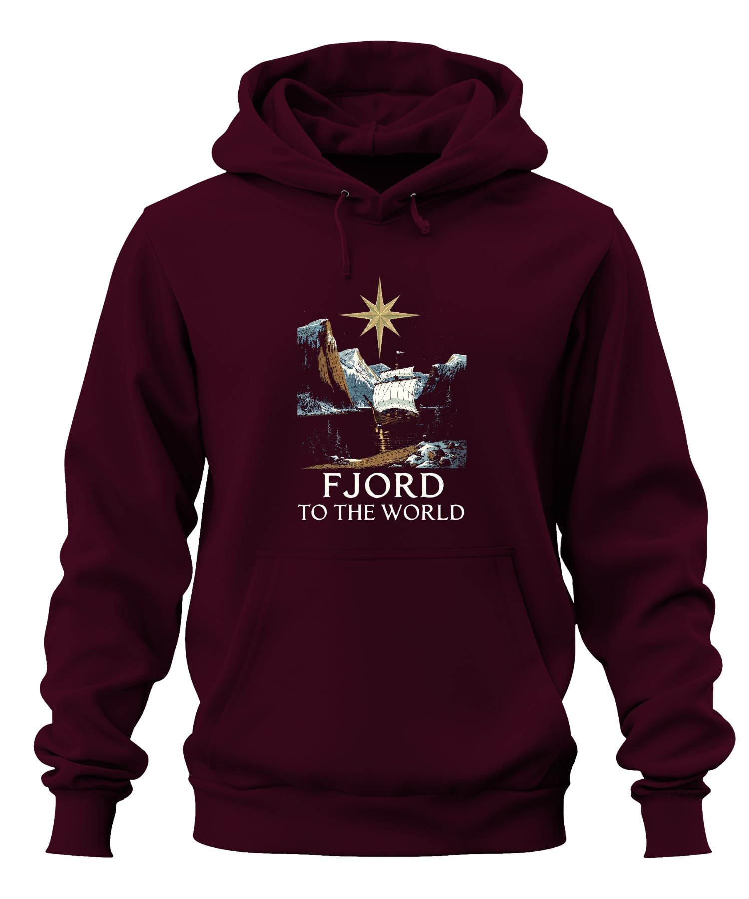 Fjord to The World statek wikingów skandynawska gwiazda unisex bluza z kapturem, burgundowa, M