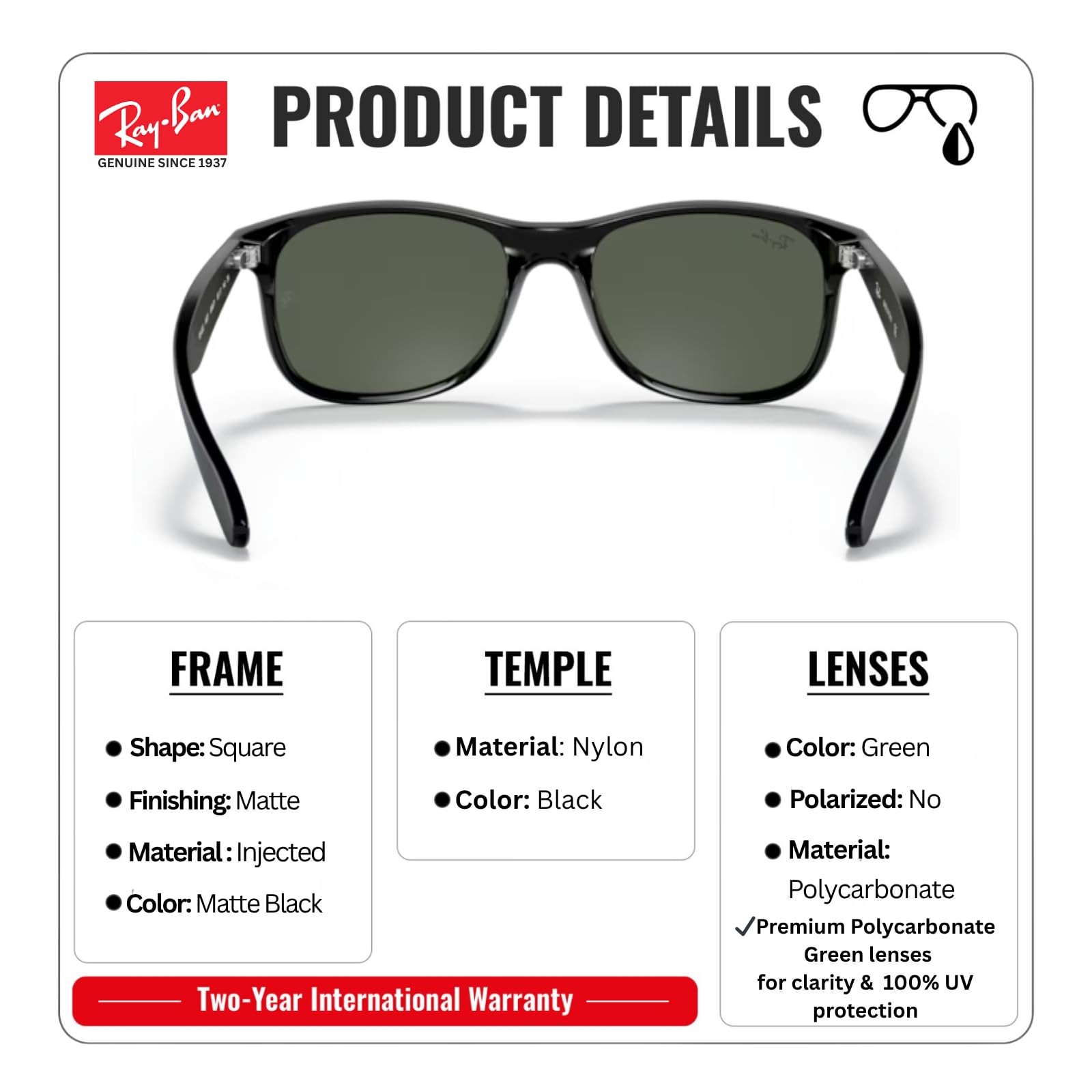 Ray-Ban RB4202 Andy quadratische Sonnenbrille, BRILLEN-SET | Exklusiv-Etui und Care-Kit | Matt Black/G-15 Green