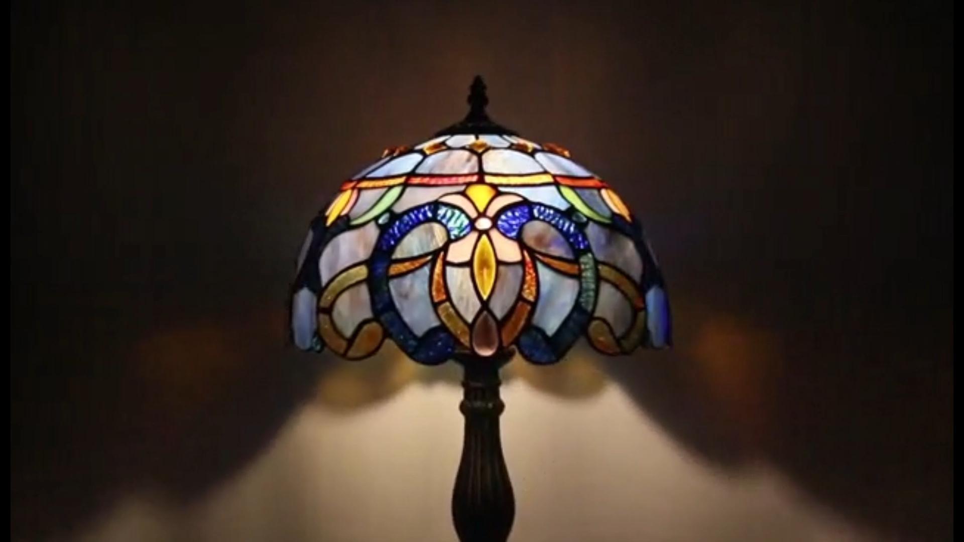 Image of WERFACTORY Tiffany Lamp Blue Purple Stained Glass Style Table Lamp Reading Desk Light 12X12X18 Inches Decor Bedroom Living Room Home Office S558 Series