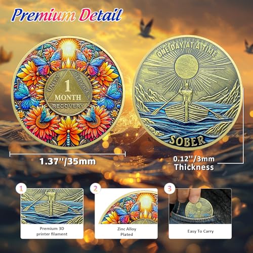 Image of Delicate Sunflower 1 Month Sobriety Coin - One Day at A Time 30 Day AA Sobriety Chip - Recovery Butterfly NA AA Chips and Medallions - 1-40 Years Living Clean Alcoholics Anonymous Gifts for Men Women