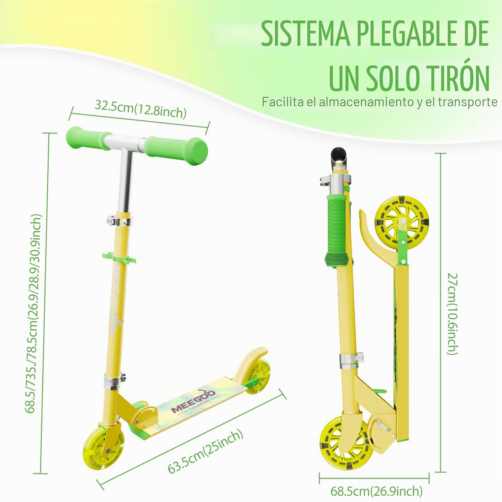 MEE GOO Patinete infantil de aluminio, plegable, altura ajustable, con freno de mano y campana, para niños de 8 años y despertar