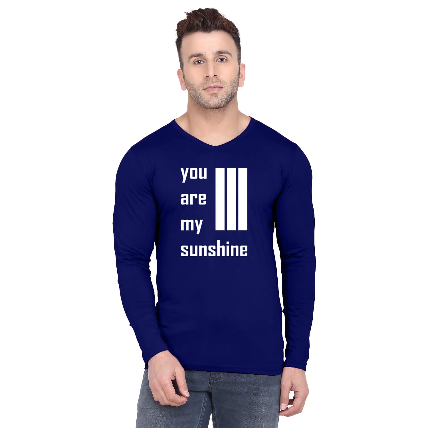 Fashions Love Men Cotton Full Sleeve V Neck You are My Sunshine Printed T Shirt FSV-0335