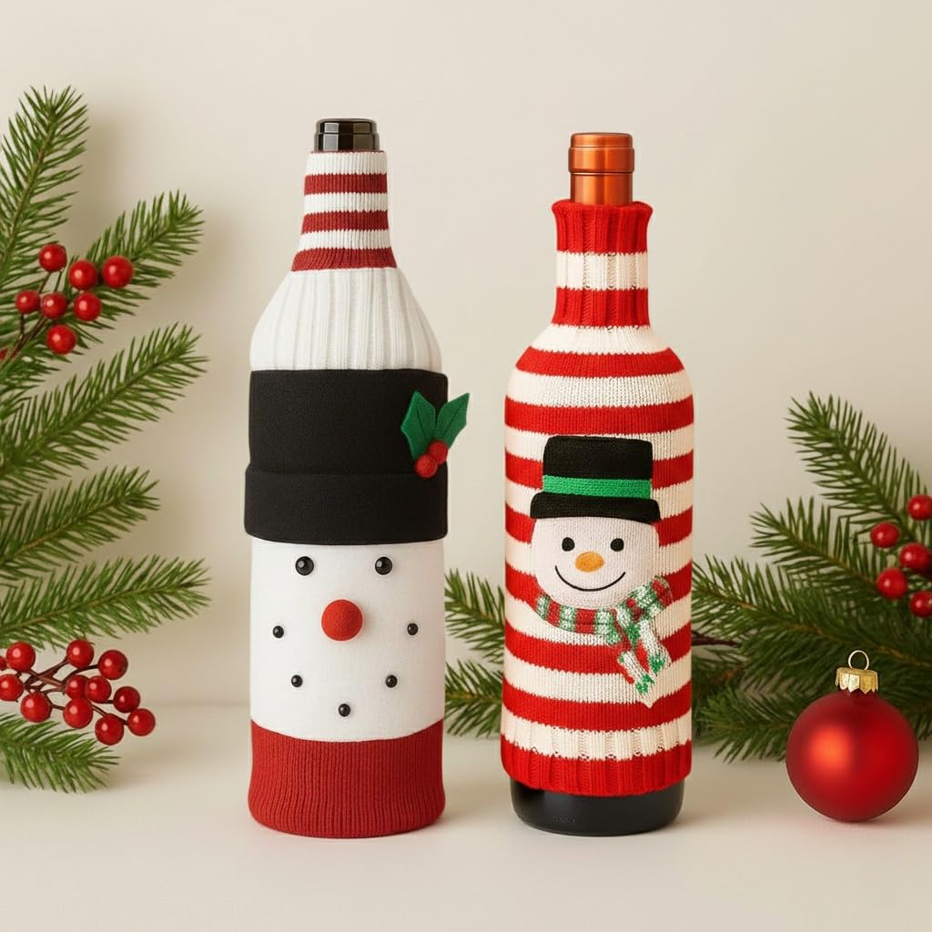 Ascension Set of 2 Snowman Wine Bottle Sweater Cover – Holiday Table Décor, Christmas Party Bottle Sleeve, Gift Bag Decoration Christmas Bottle Cover for Gifting, Dining Table & Holiday Decor