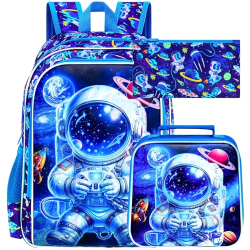 Image of 16 inch Space Backpack for Boy, 3Pcs Astronaut Bookbag for Elementary Preschool Kindergarten, Kids School Backpacks with Lunch Box (Blue)