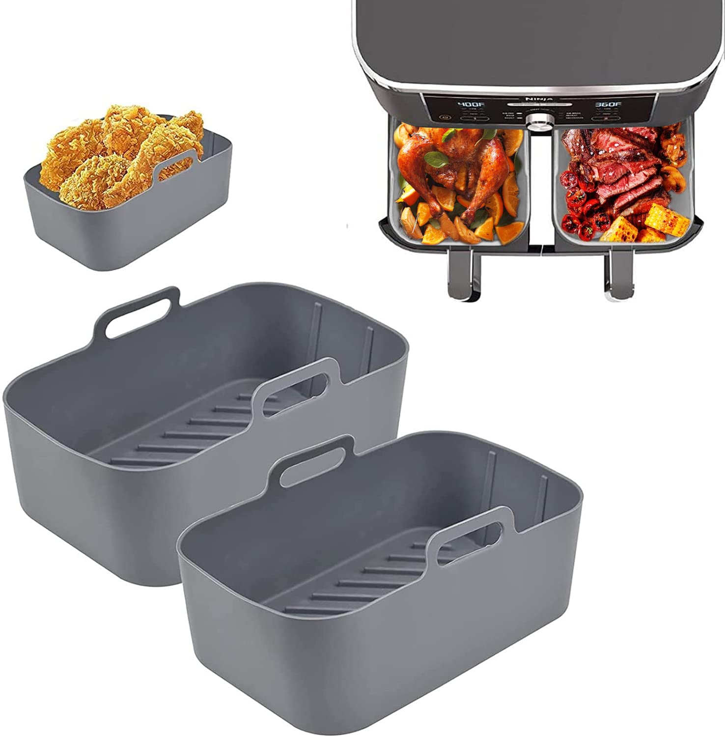 2PCS Silicone Pot for Ninjas Dual Air Fryer, Reusable Air Fryer Silicone Basket Air Fryer Accessories Reusable Double Air Fryer Liner for Ninja Air Fryer, Oven, Microwave (Grey Pot)