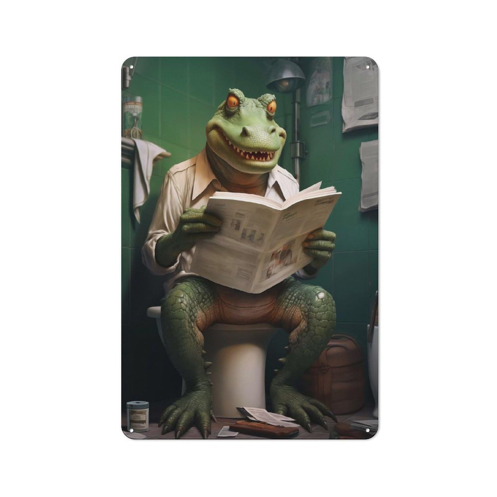 30x20cm Retro Metal Sign with Croc on Toilet for Home Office Or Studio, Suited to Wall Displays in Home Offices And Studios