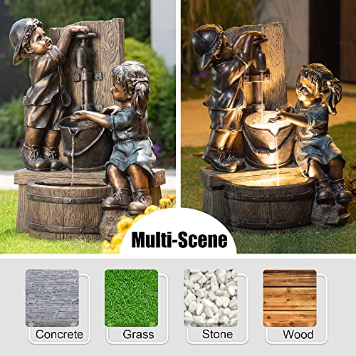 Image of Glitzhome Outdoor Water Fountain with LED Light, Children Playing with Faucet Waterfall Fountains, Antique Bronze Resin Boy and Girl Statue Outdoor Waterfall Fountain for Patio Backyard Garden, 25 inchH