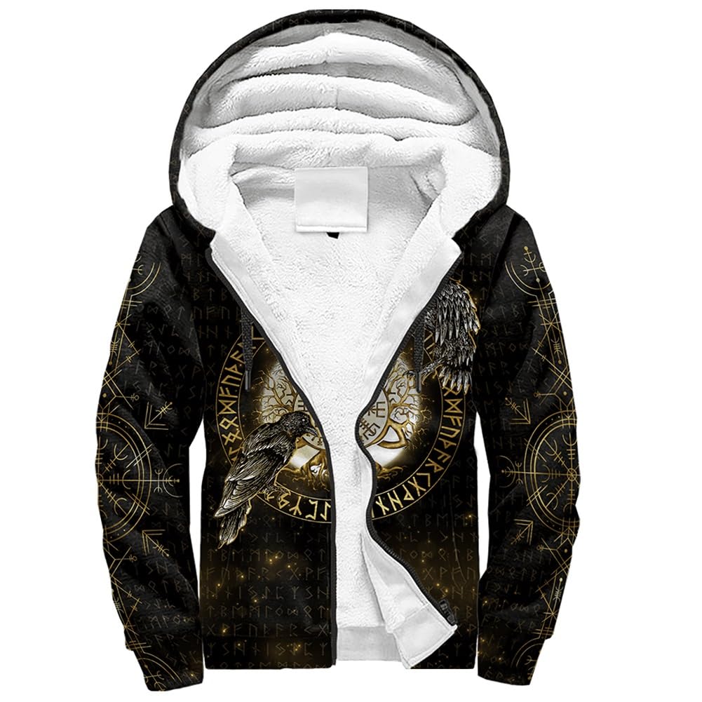 Viking Fleece Hooded Sweatshirt Warm Zip Up Hoodies Vintage Fleece Hoodies Winter Hoodies For Men Workout Hoodies(Black,XL)