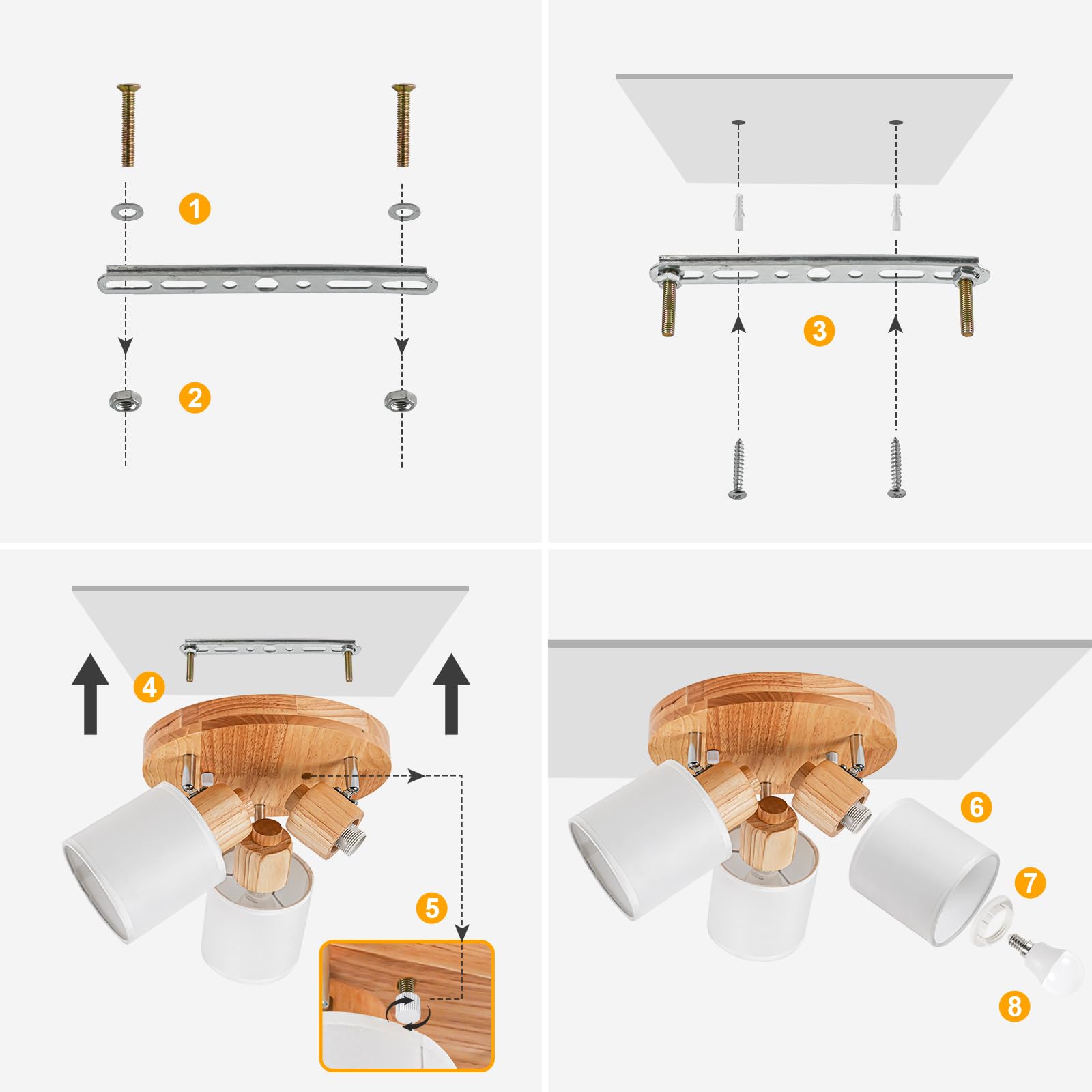Lámpara de Techo 3 Focos Orientable Redonda, Madera Plafones de Techo E14 Plafón Foco de techo Retro Aplique Pared Interior Giratorios Para Cocina Pasillos Salón Dormitorios, Sin Bombilla