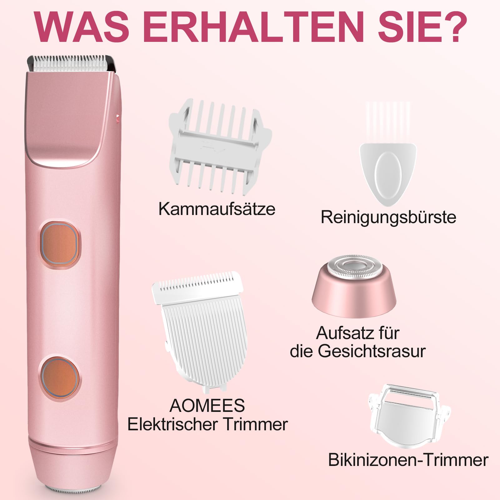 AOMEES Rasierer Damen, 2-in-1 Intimrasierer für Frauen, IPX7 Wasserdicht, Kabellos & Wiederaufladbar, Sanfter Trimmer für Gesicht, Körper & Bikinizone, Geschenk für Frauen (Rosa, Standard)