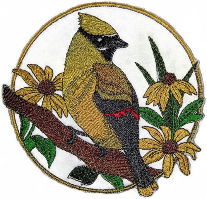 Nature Weaved in Threads, Amazing Birds Kingdom [Cedar Waxing and Blackeyed Susan Circle [Custom and Unique] Embroidered Iron on/Sew Patch [5" *5"] [Made in USA]