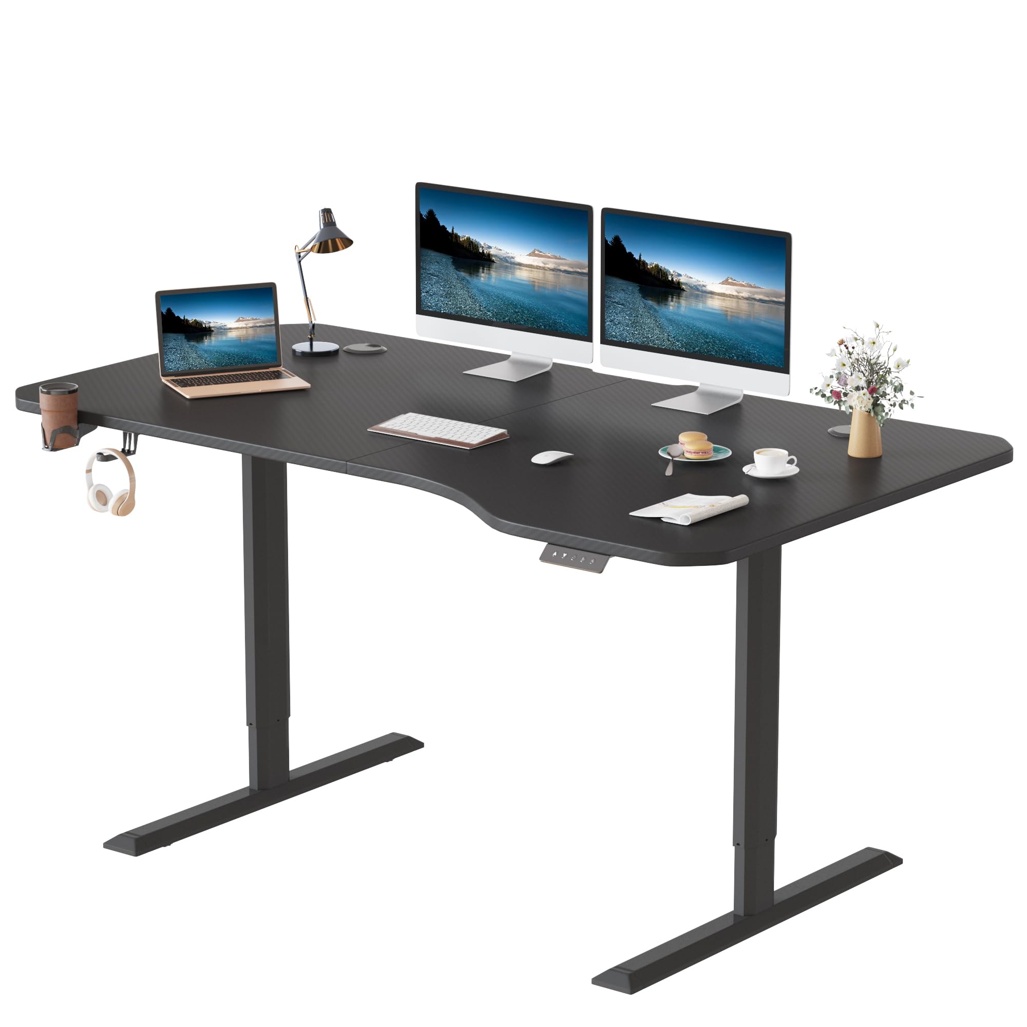 Furmax Electric Standing Desk 63x 24 Inches Height Adjustable Desk Computer Desk T-Shaped Metal Bracket Desk with Memory Settings, Wood Tabletop, and Holes for Routing Cables, Carbon Black